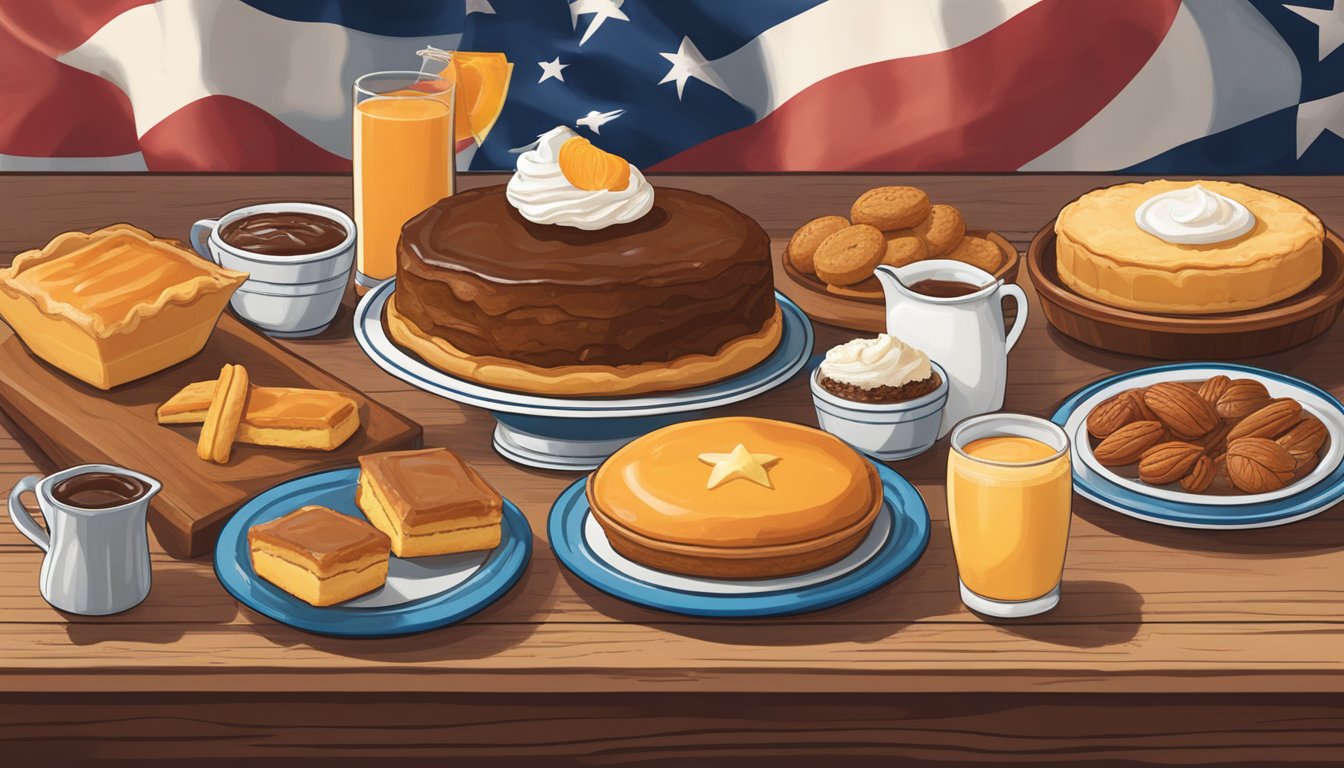 A table filled with iconic Texan desserts, including pecan pie, peach cobbler, and kolaches, surrounded by cowboy boots and a lone star flag