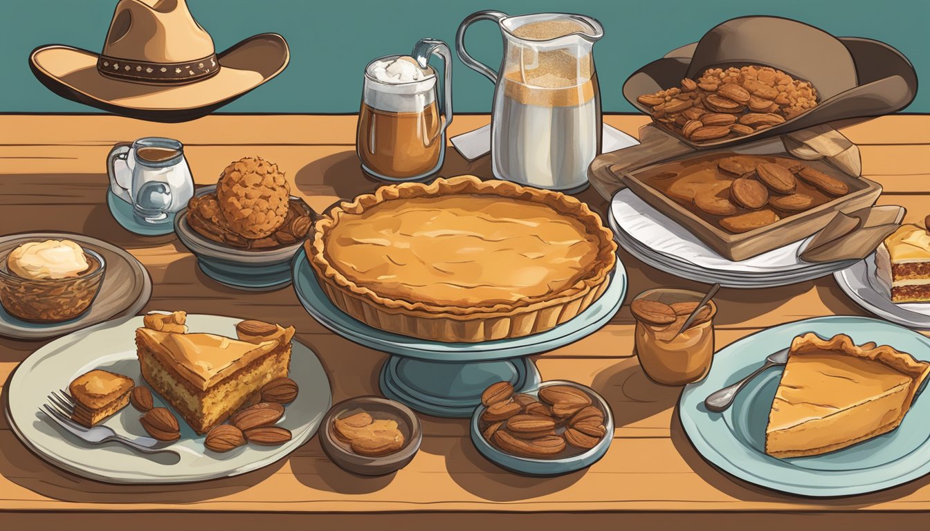 A table filled with iconic Texas desserts, including pecan pie, peach cobbler, and fried pies, surrounded by cowboy hats and cacti