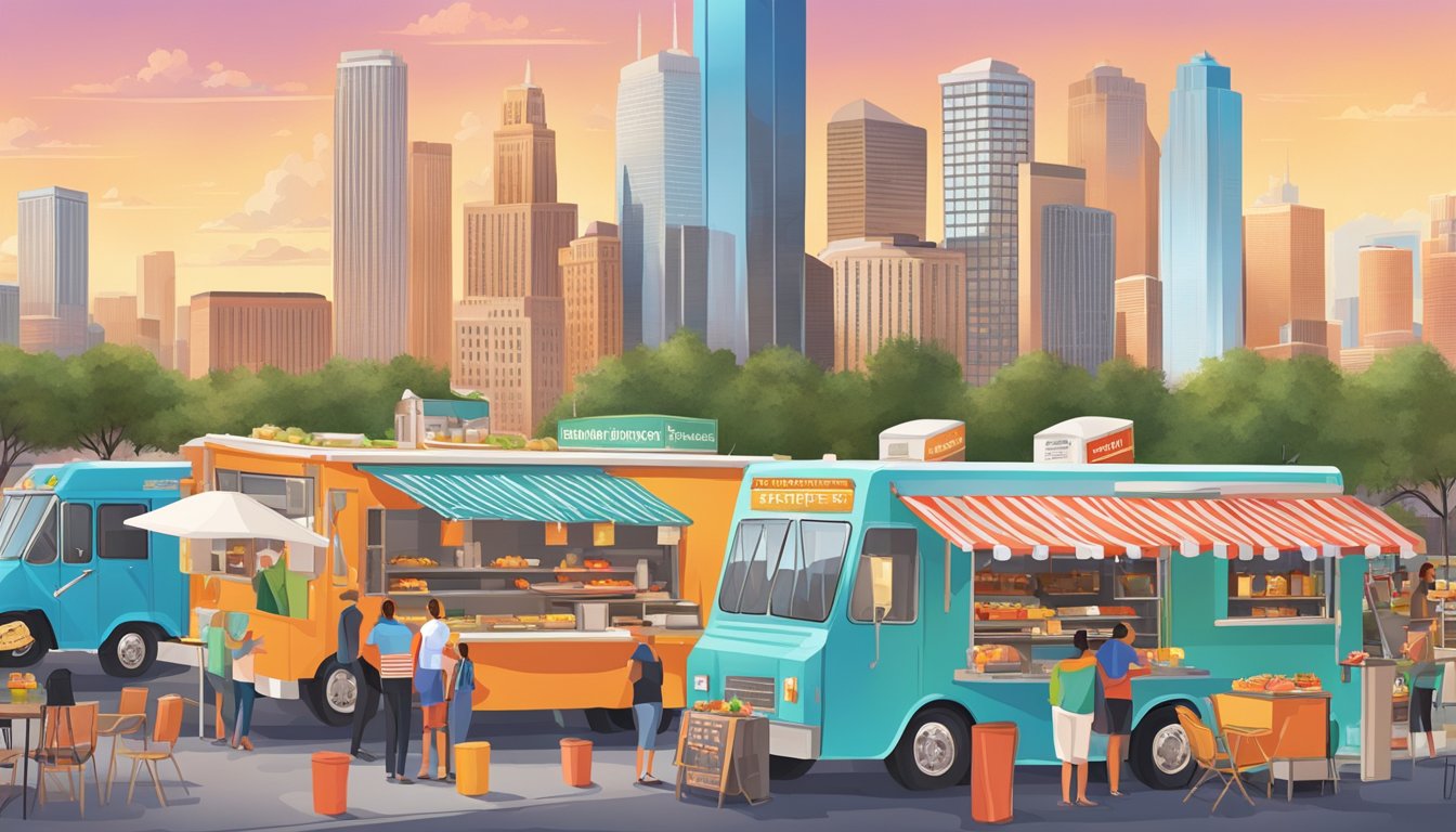 A bustling food truck park with colorful trucks serving up Texas cuisine under the Houston skyline