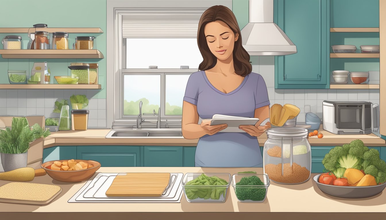 A kitchen counter with separate cutting boards for gluten-free and regular foods, labeled containers, and a pregnant woman reading a food safety guide