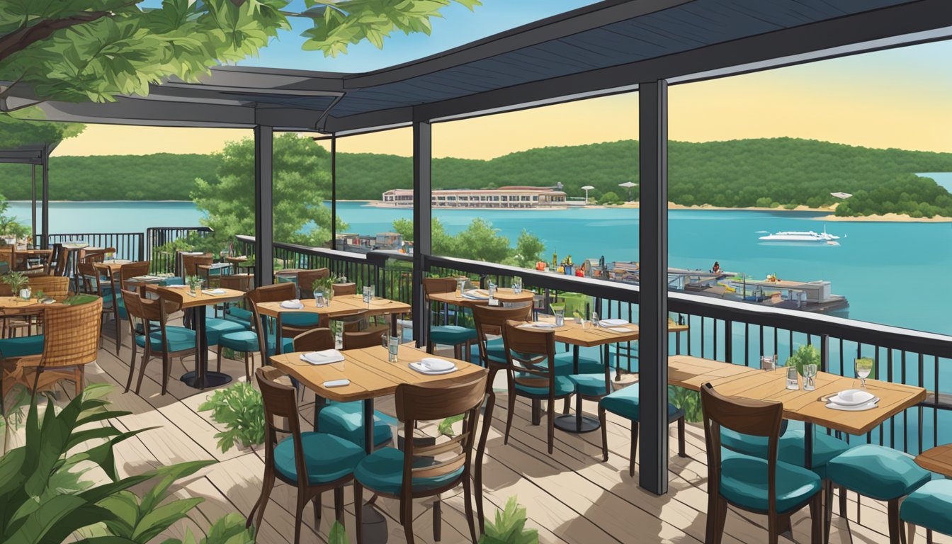 A lakeside restaurant with outdoor seating and a view of Lake Travis. Tables are set with seafood dishes and surrounded by lush greenery