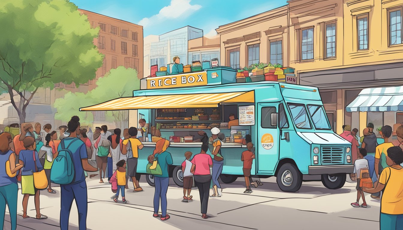 A bustling food truck surrounded by hungry customers in Houston, with a colorful sign reading "The Rice Box - Top 10 Texas Food Trucks."