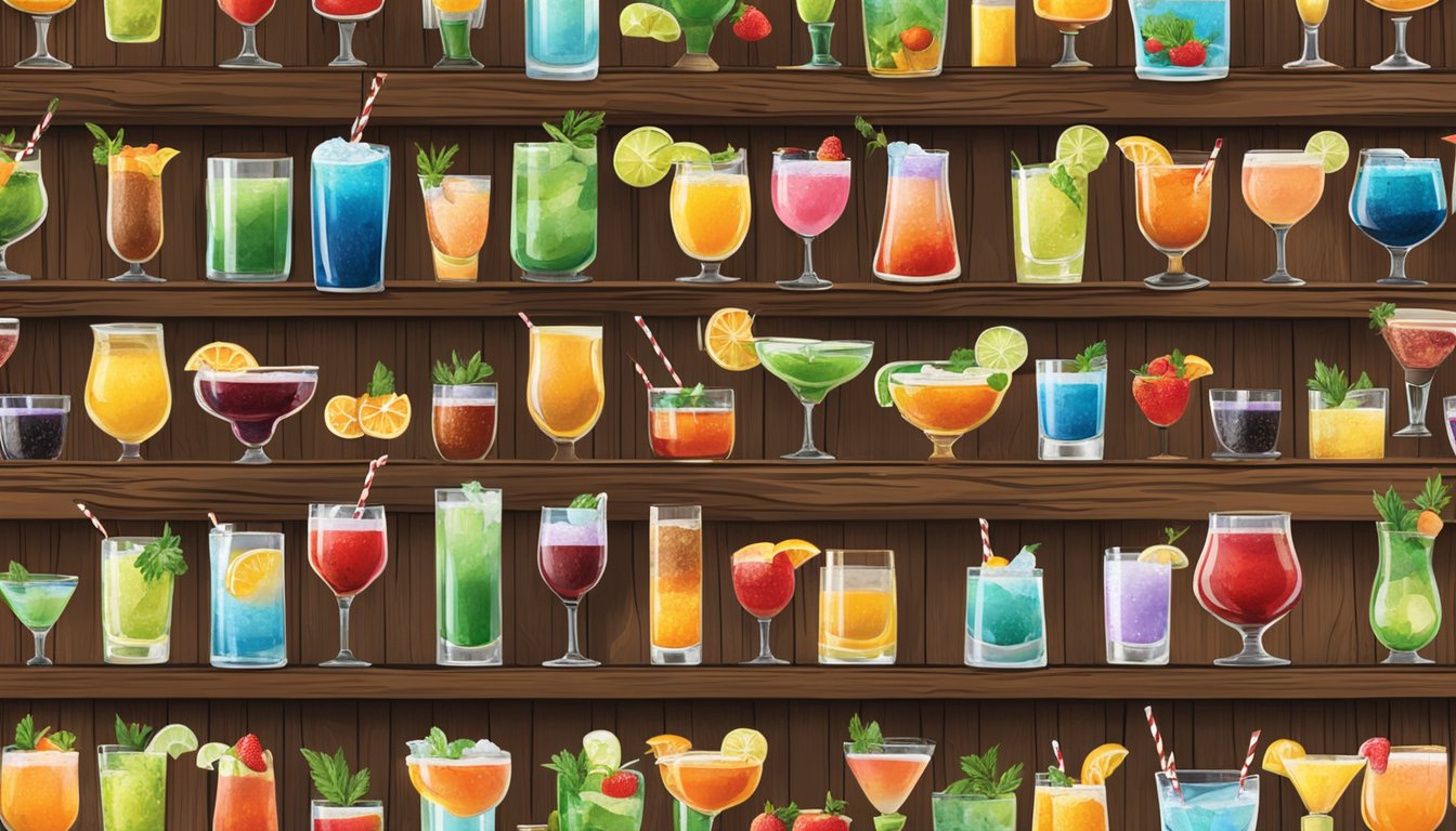 A rustic wooden bar with 12 colorful Texas-inspired cocktails lined up, each garnished with unique and vibrant ingredients