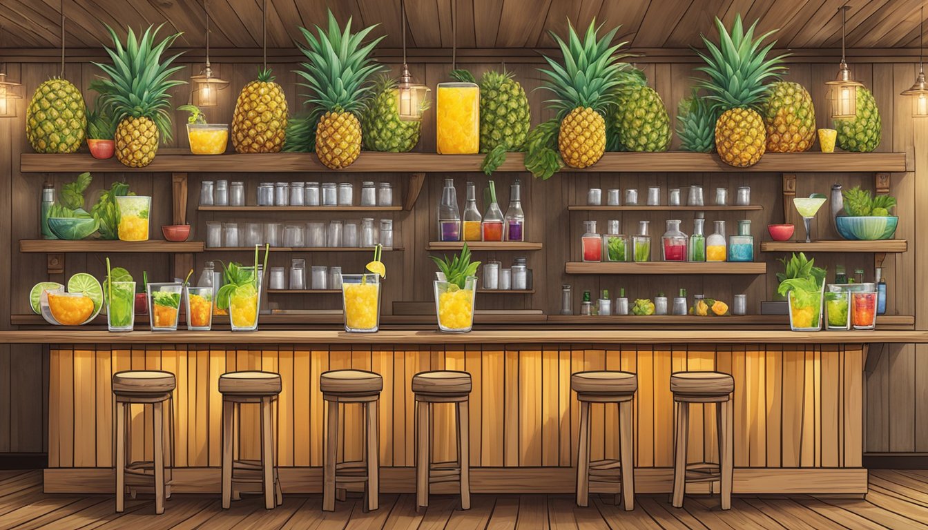 A rustic wooden bar with a row of colorful cocktail glasses filled with pineapple jalapeño smash, surrounded by Texas-inspired decor and ingredients