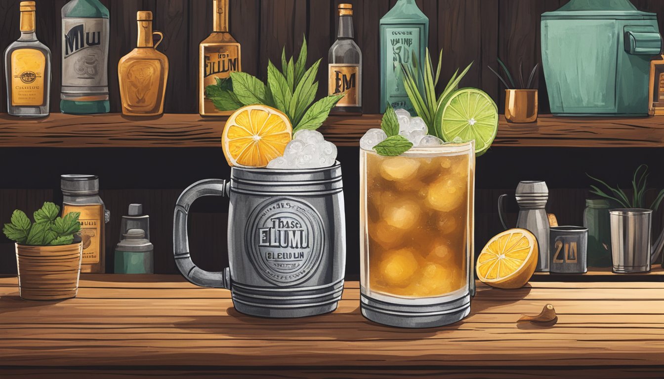 A rustic wooden bar with a copper mug filled with a Deep Ellum Mule cocktail, surrounded by Texas-inspired ingredients and decor