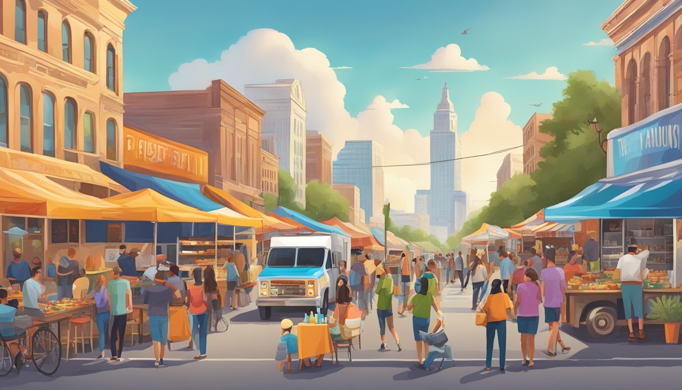 A bustling street lined with colorful food trucks, each adorned with unique logos and serving up delicious Texas cuisine to a diverse crowd of hungry locals and tourists