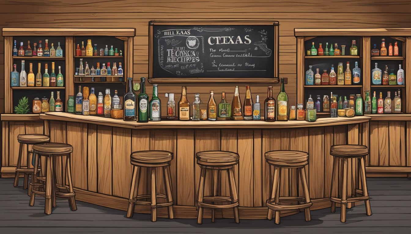 A rustic wooden bar adorned with Texas-themed decor, surrounded by shelves of various liquors and ingredients, with a chalkboard displaying "Hill Country Cooler: 12 Texas-inspired cocktail recipes for your next party."