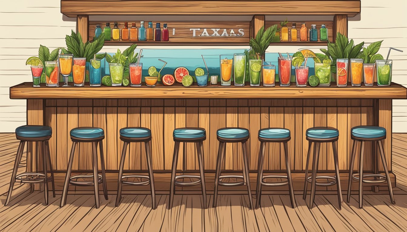 A rustic wooden bar with a row of colorful cocktails lined up, garnished with slices of jalapeño and grapefruit, surrounded by Texas-themed decor