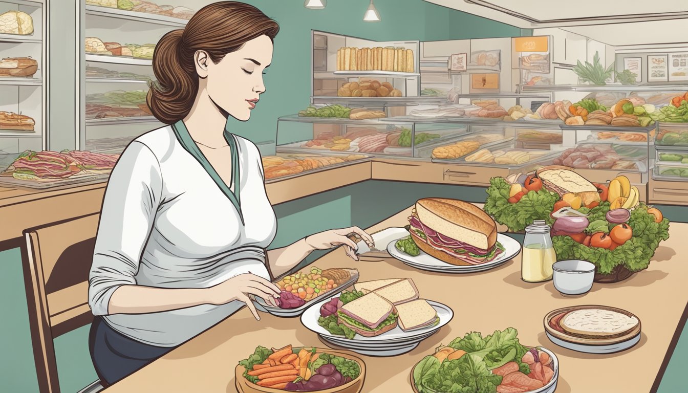 A pregnant woman avoiding deli meats, with a crossed-out sandwich and a variety of fresh, healthy food options displayed on a table