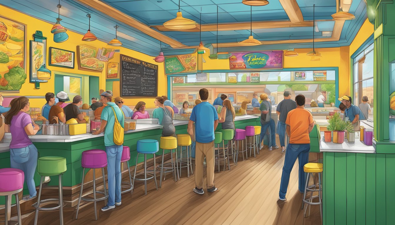 A bustling Fuzzy's Taco Shop in Waco, Texas, with colorful decor and a line of customers eagerly waiting for their delicious tacos