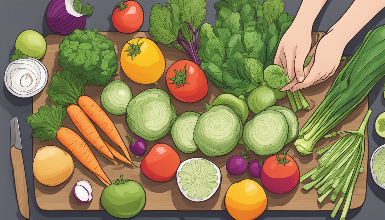 Fresh sprouts arranged on a clean cutting board, surrounded by colorful vegetables and fruits, with a pregnant woman's hand reaching for them cautiously