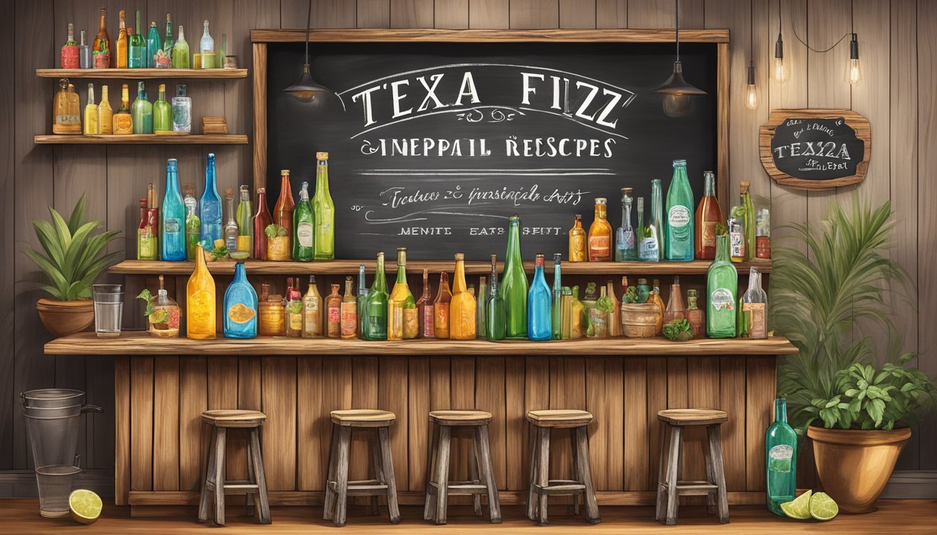 A rustic wooden bar adorned with colorful bottles and fresh ingredients, with a chalkboard sign displaying "Texas Fizz 12 texas inspired cocktail recipes for your next party."