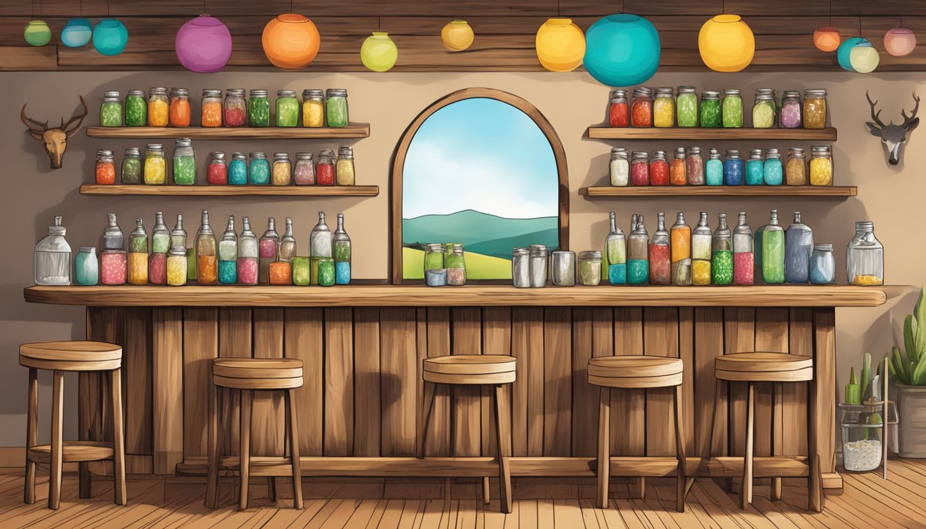 A rustic wooden bar with shelves of mason jars filled with colorful ingredients, surrounded by Texas-themed decor and cocktail glasses