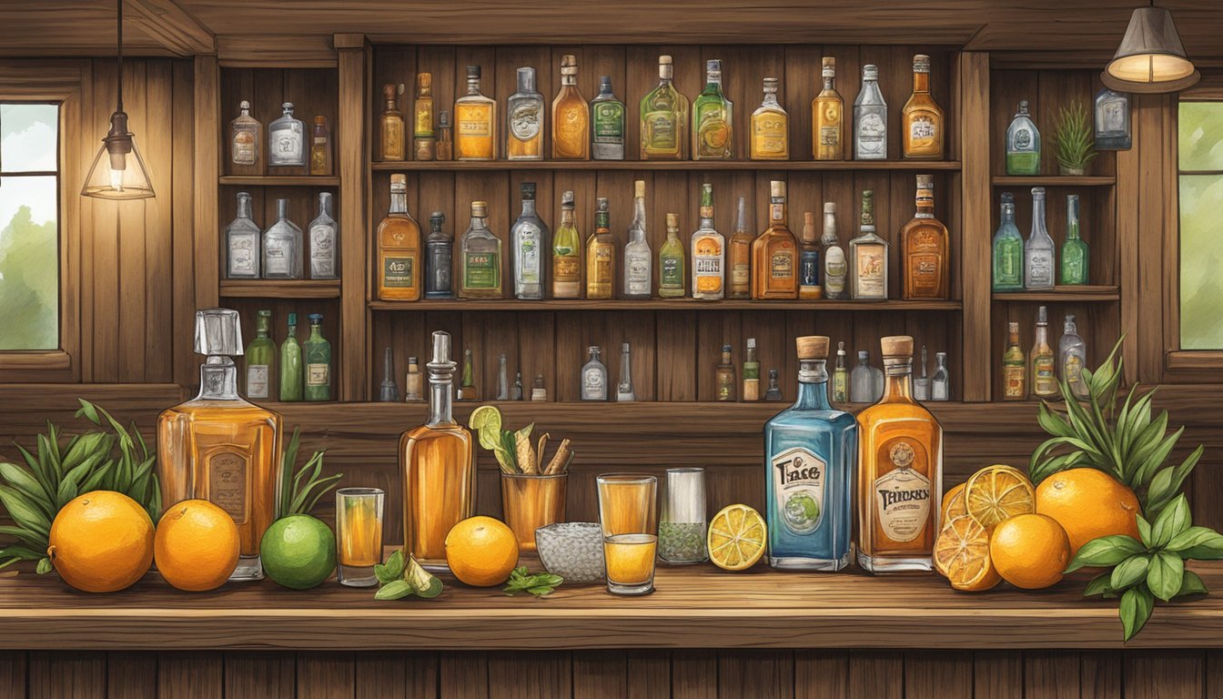 A rustic wooden bar adorned with fresh citrus, herbs, and spices, surrounded by cocktail shakers and bottles of Texas-inspired spirits