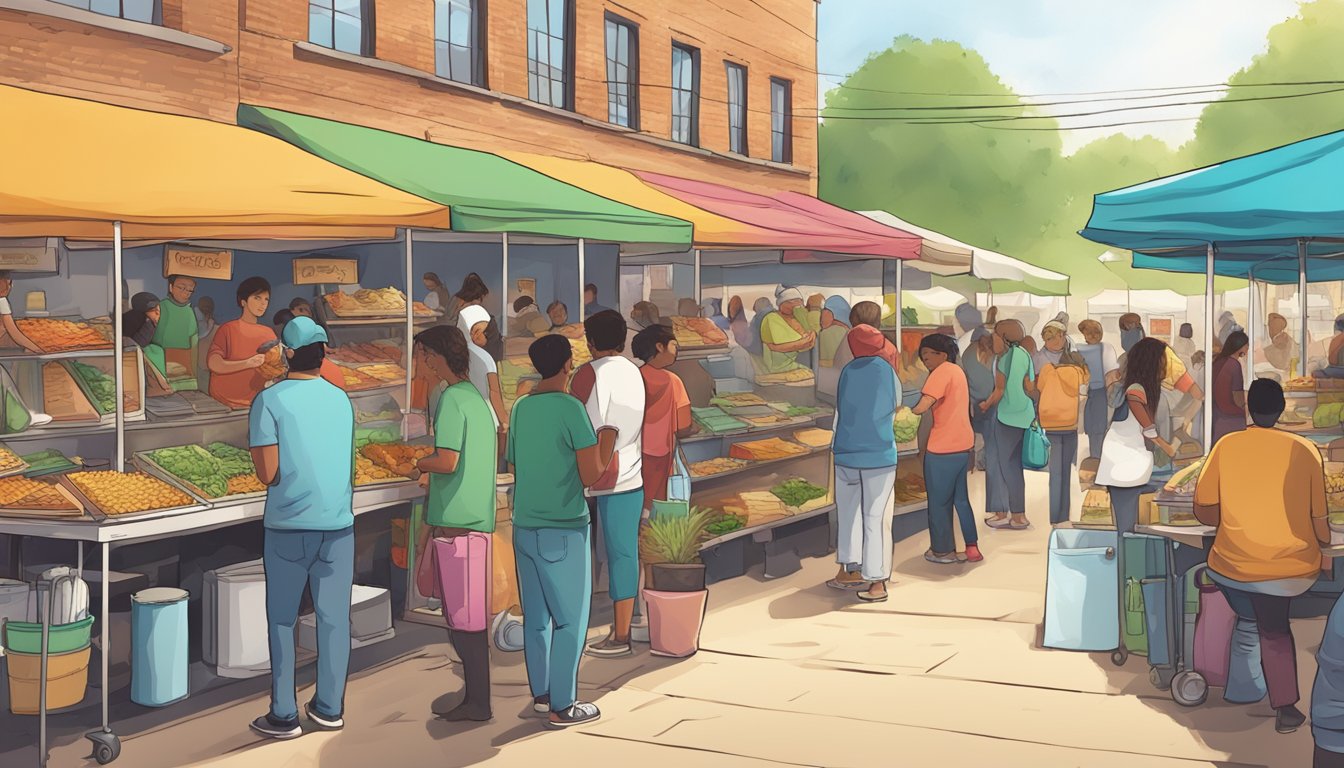 A bustling street market in Texas, with colorful food stalls and vendors selling a variety of tacos. Customers line up eagerly to sample the best tacos in the state