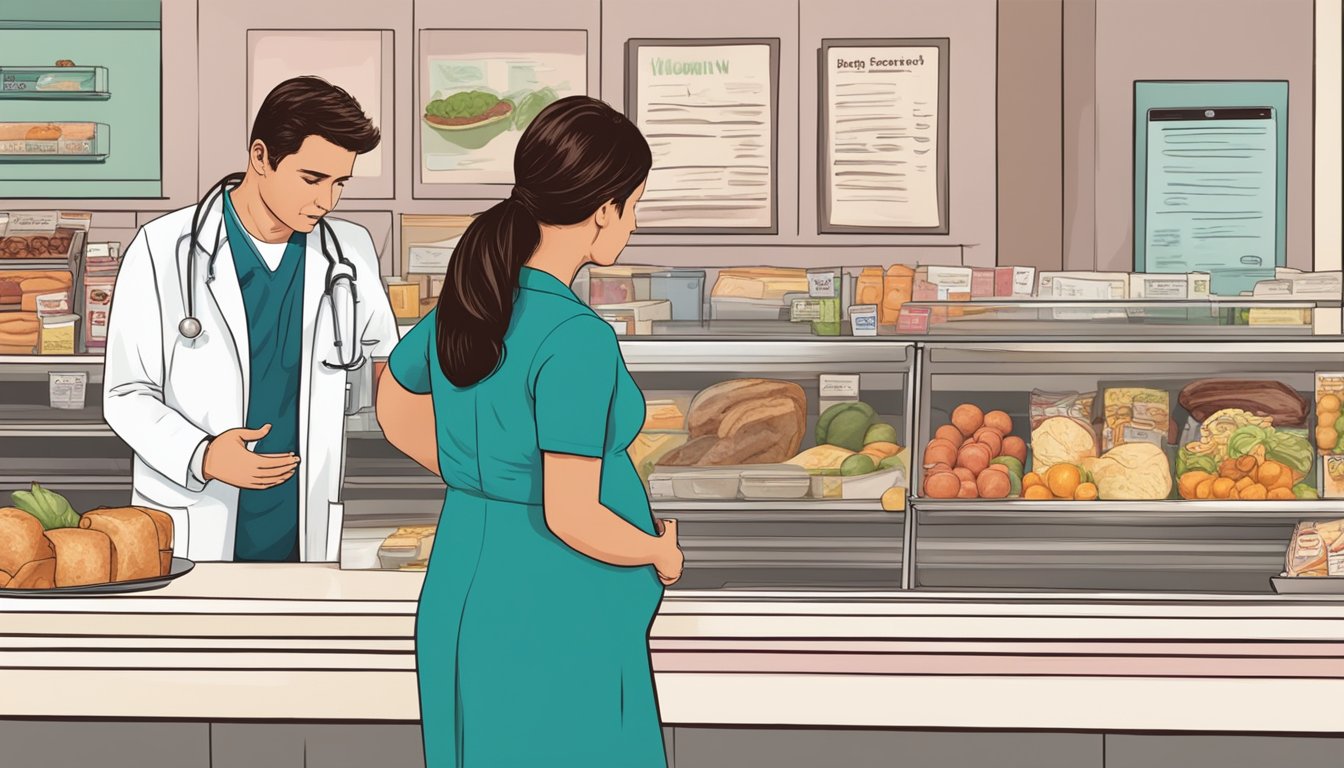 A pregnant woman looking uncertainly at a deli counter while a doctor gestures to seek medical advice