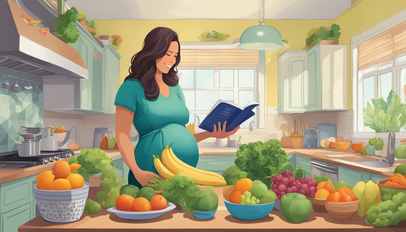 A pregnant woman stands in a kitchen, surrounded by colorful fruits, vegetables, and fish. She holds a book titled "Post-Pregnancy Considerations" while considering her pescatarian diet