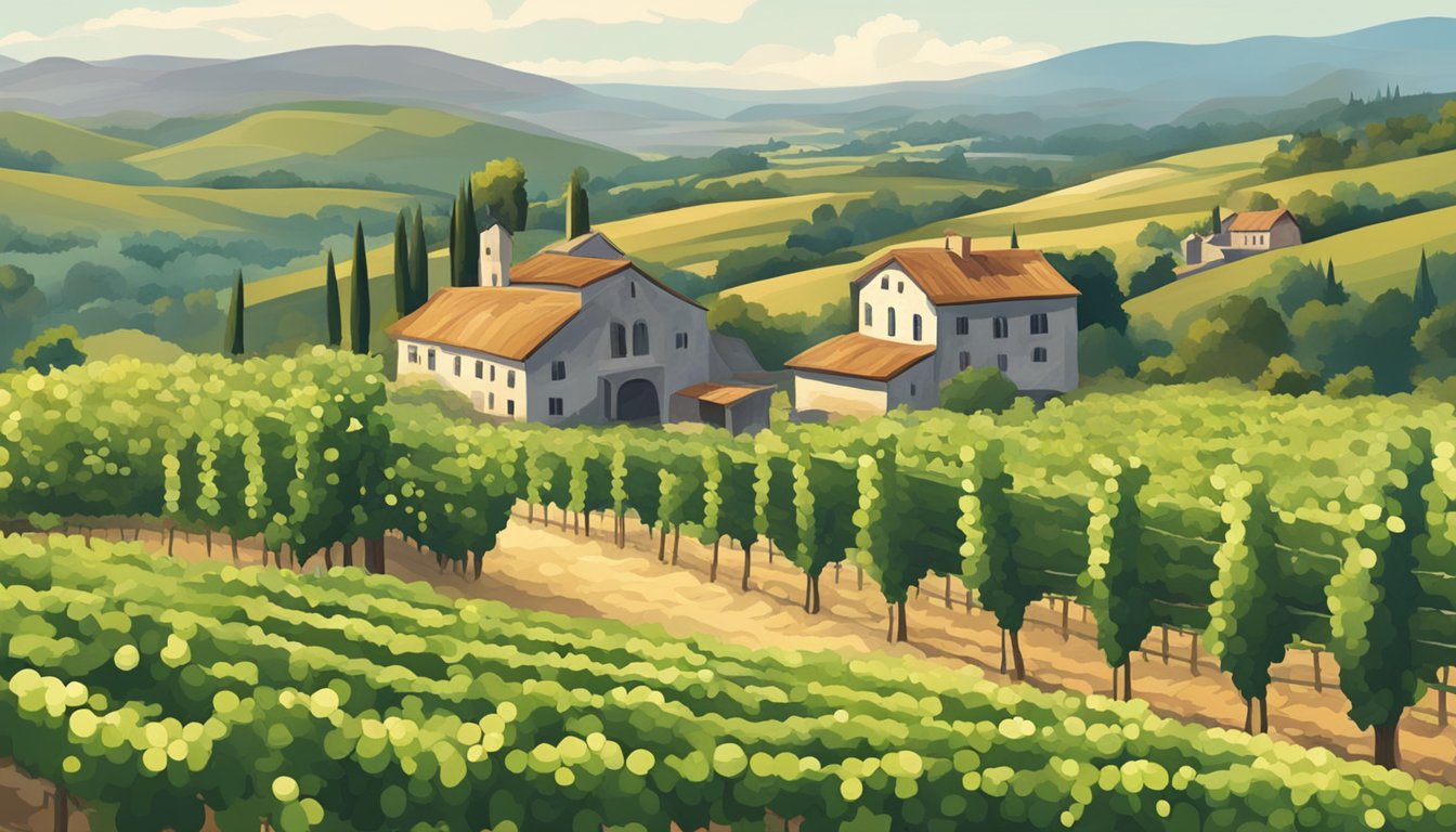 Lush vineyard with rolling hills, rows of grapevines, and a rustic winery building in the distance