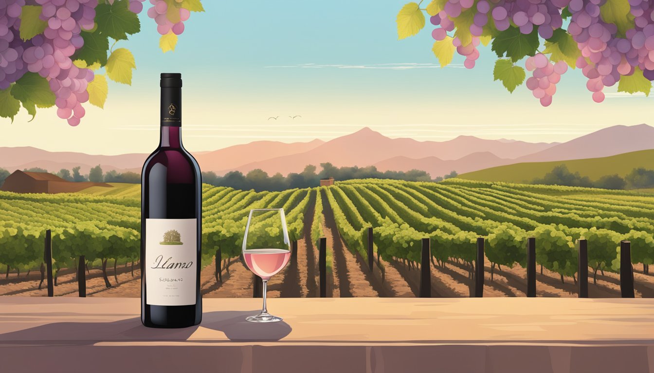 A serene vineyard with rows of grapevines under a clear sky, with a bottle of Llano Estacado Signature Rosé displayed prominently