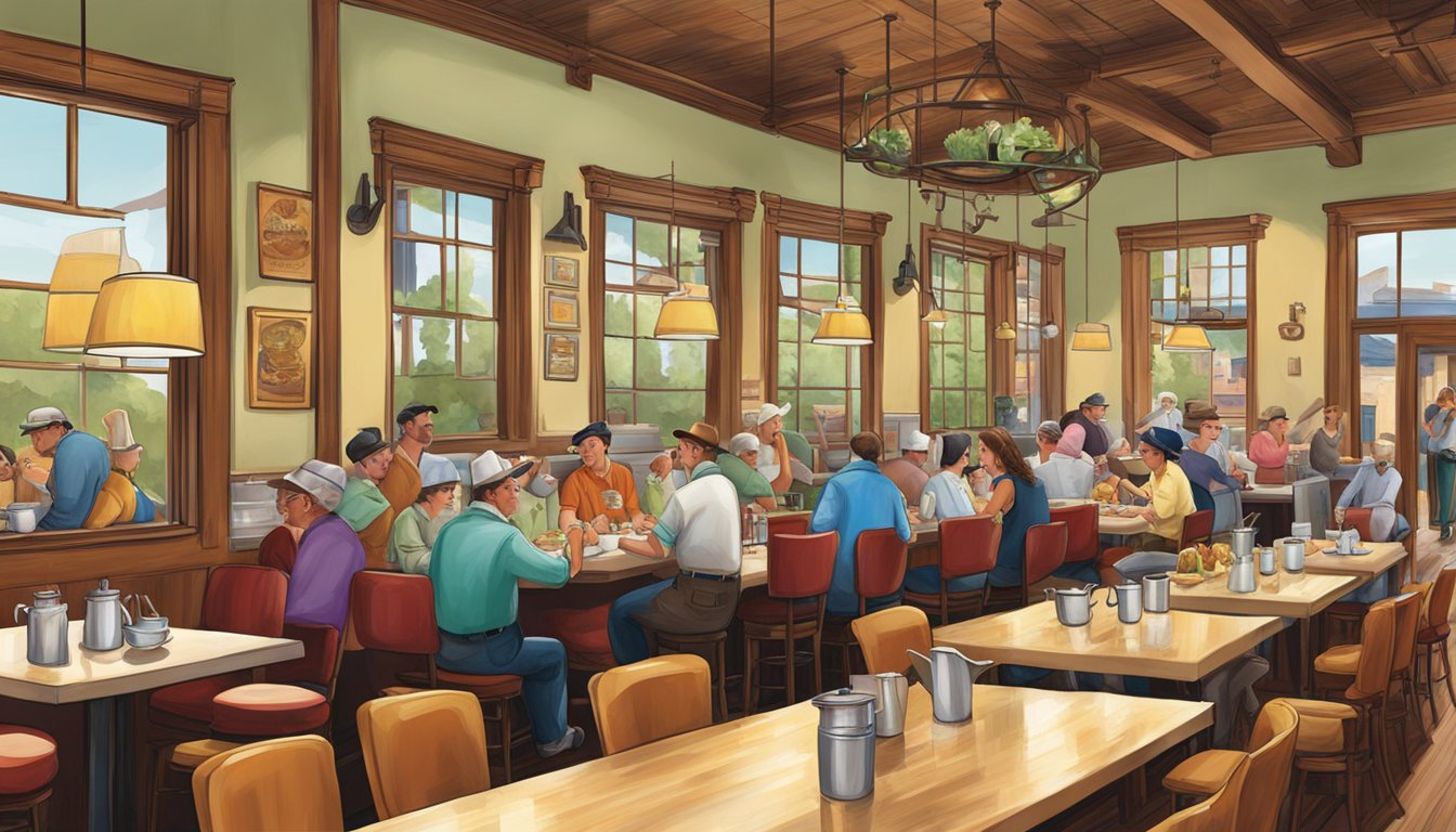 A bustling scene at a historic Texas restaurant, with a mix of traditional and modern culinary elements