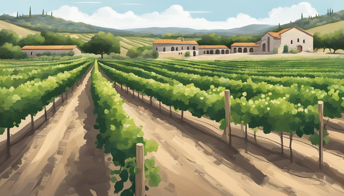 A lush vineyard with rows of Tempranillo vines stretching towards the horizon, the Pedernales Cellars winery in the background