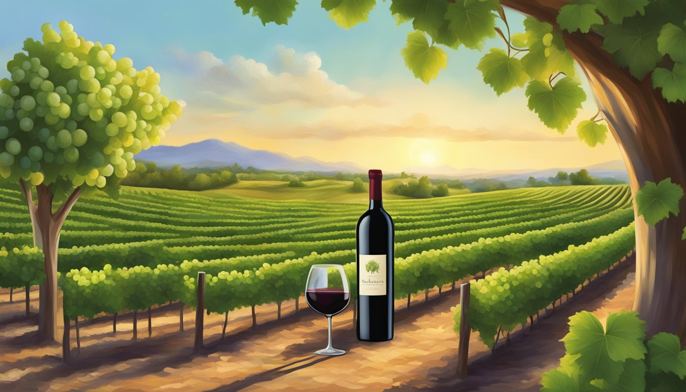 A picturesque vineyard with rows of lush green grapevines under the warm Texas sun, with a bottle of Messina Hof Private Reserve Cabernet Franc displayed prominently