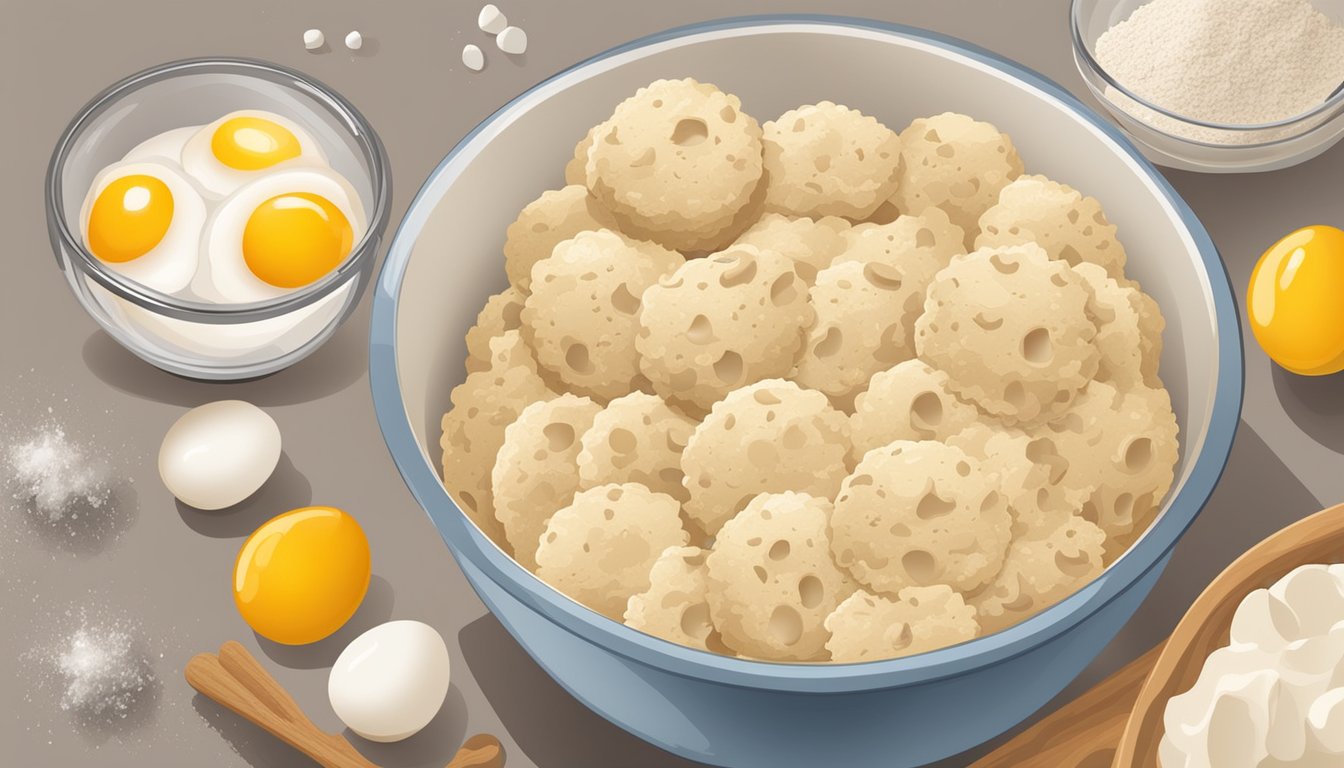 A mixing bowl with raw cookie dough surrounded by ingredients like raw eggs and flour