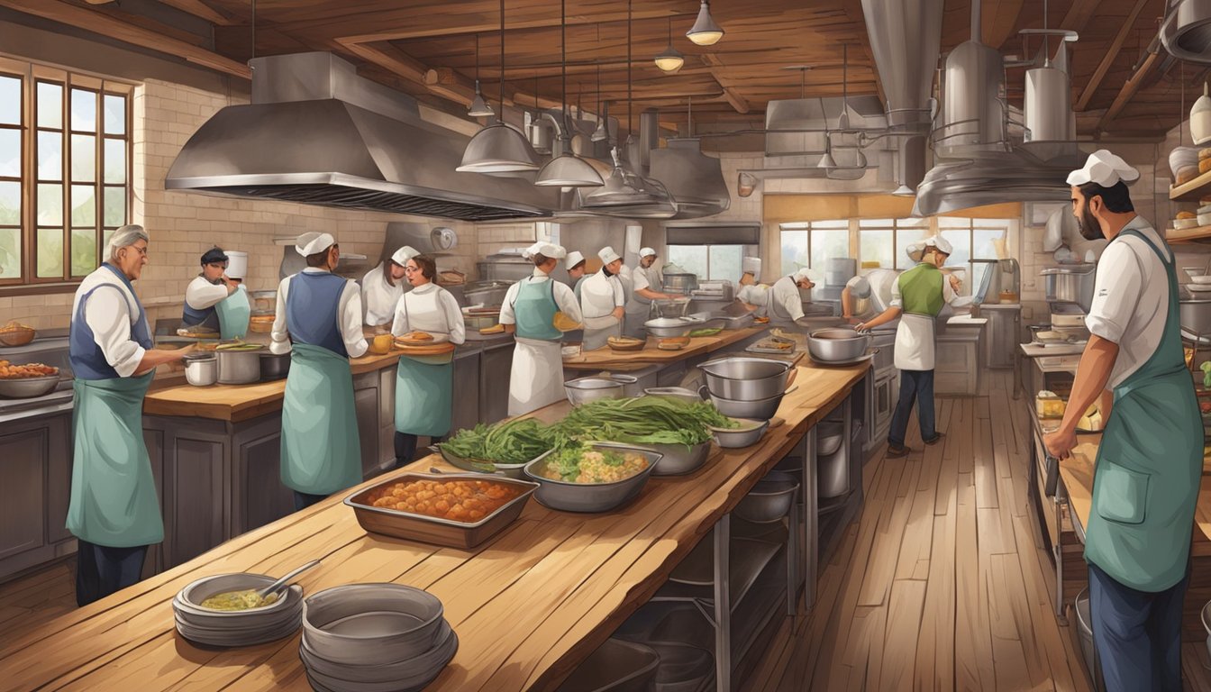 A rustic Texas restaurant kitchen bustling with chefs preparing dishes using locally sourced ingredients and following traditional recipes