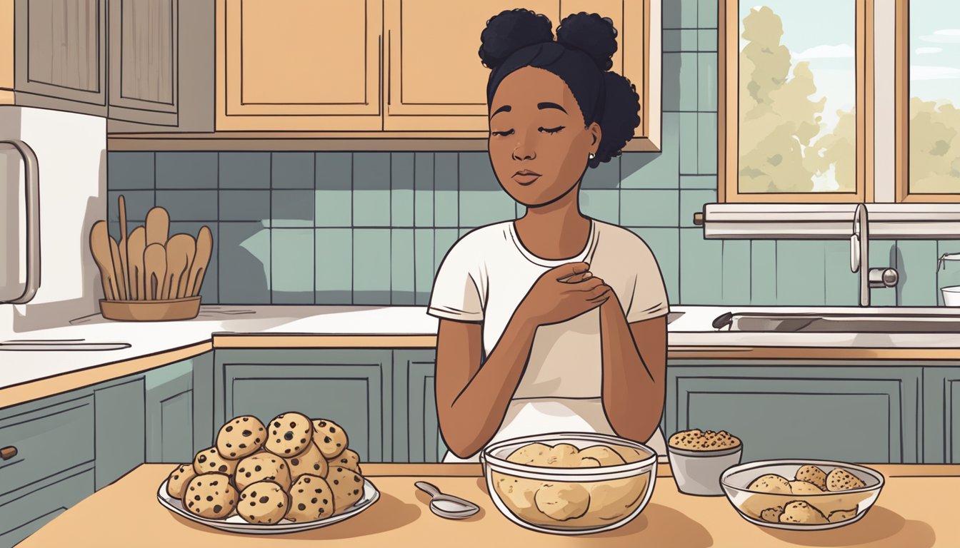 A pregnant woman sits at a kitchen table, surrounded by various cookie dough options. She looks uncertain while holding a spoonful of raw dough, contemplating whether it's safe to eat