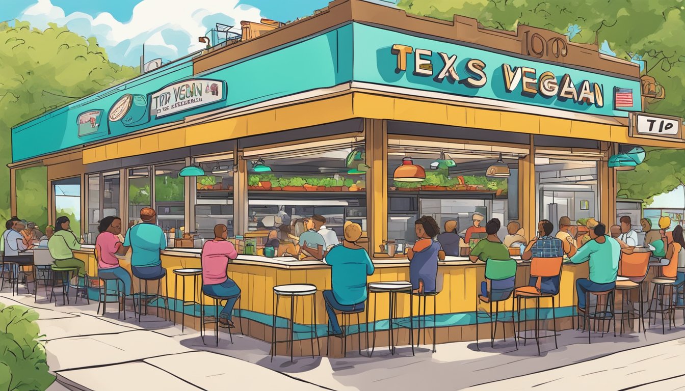 A bustling diner with colorful outdoor seating and a lively atmosphere. A sign proudly displays "Top 10 Vegan and Vegetarian Spots in Texas."