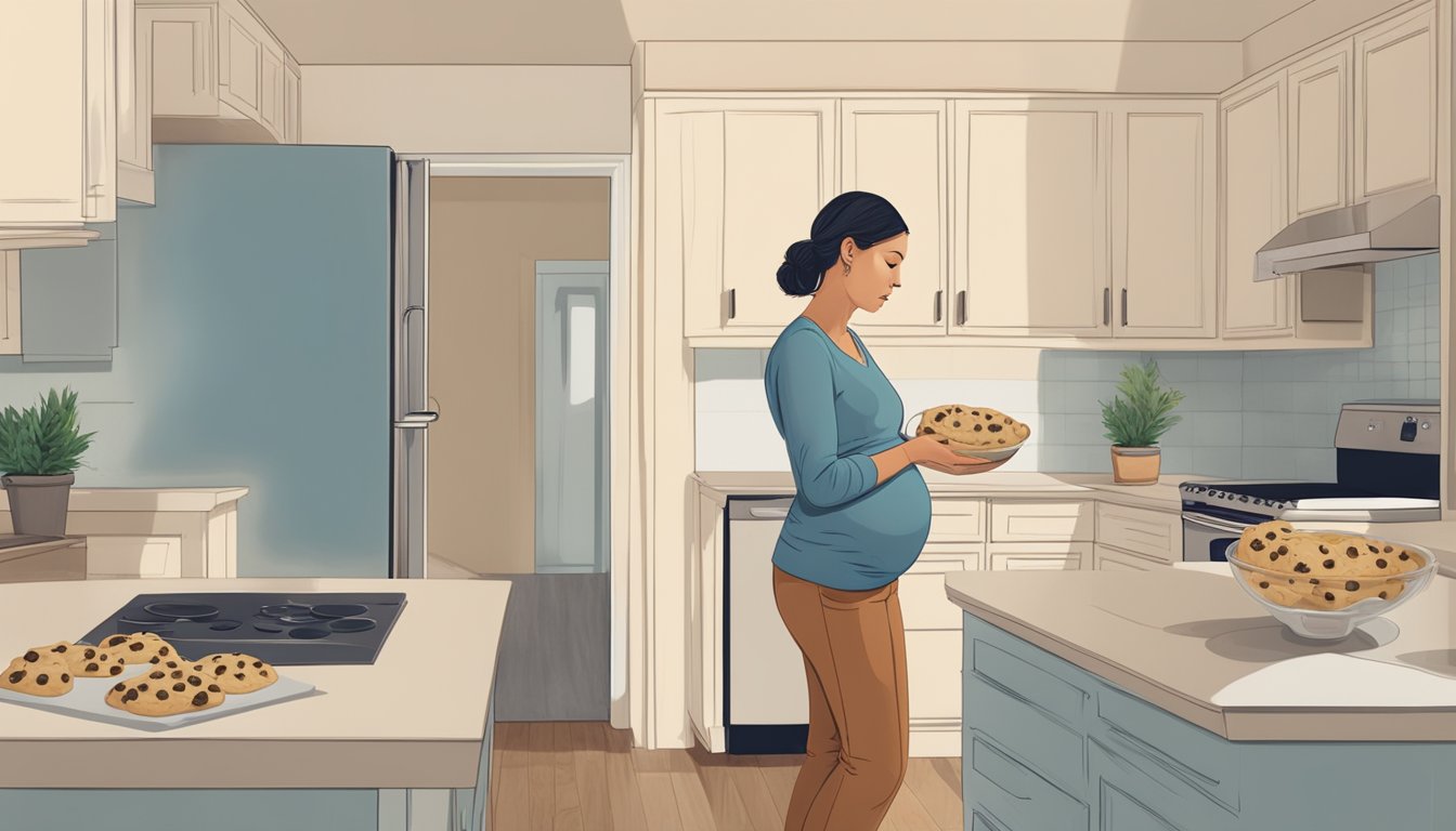 A pregnant woman standing in a kitchen, holding a bowl of raw cookie dough with a concerned expression on her face