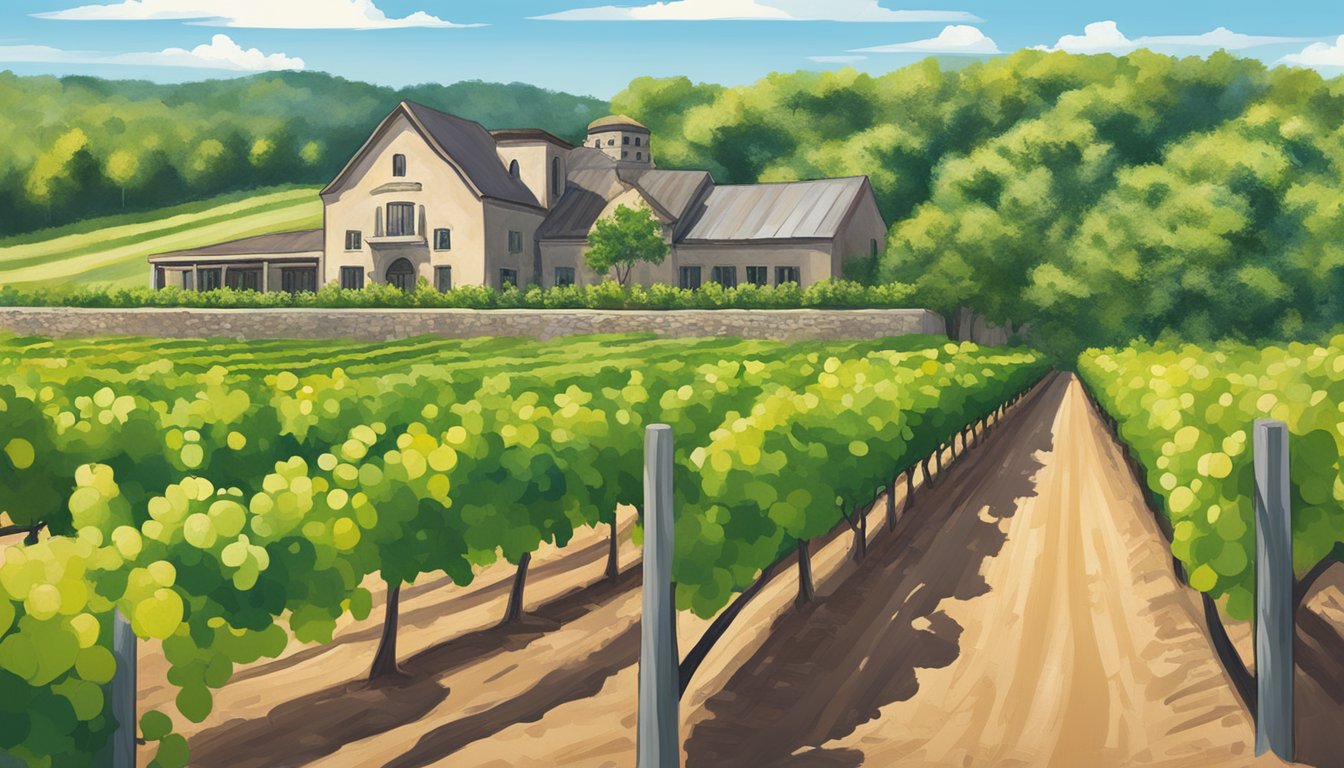 A picturesque vineyard with rows of lush Tempranillo vines under the Texas sun, with the Inwood Estates winery in the background