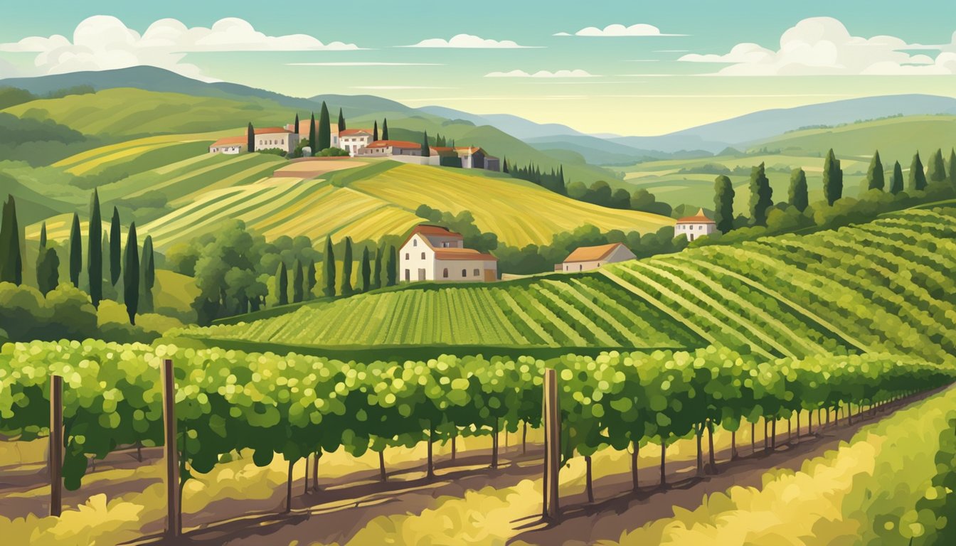 Lush vineyards sprawl across rolling hills, each row heavy with ripe grapes. A rustic winery stands in the distance, surrounded by fields of vibrant green and gold