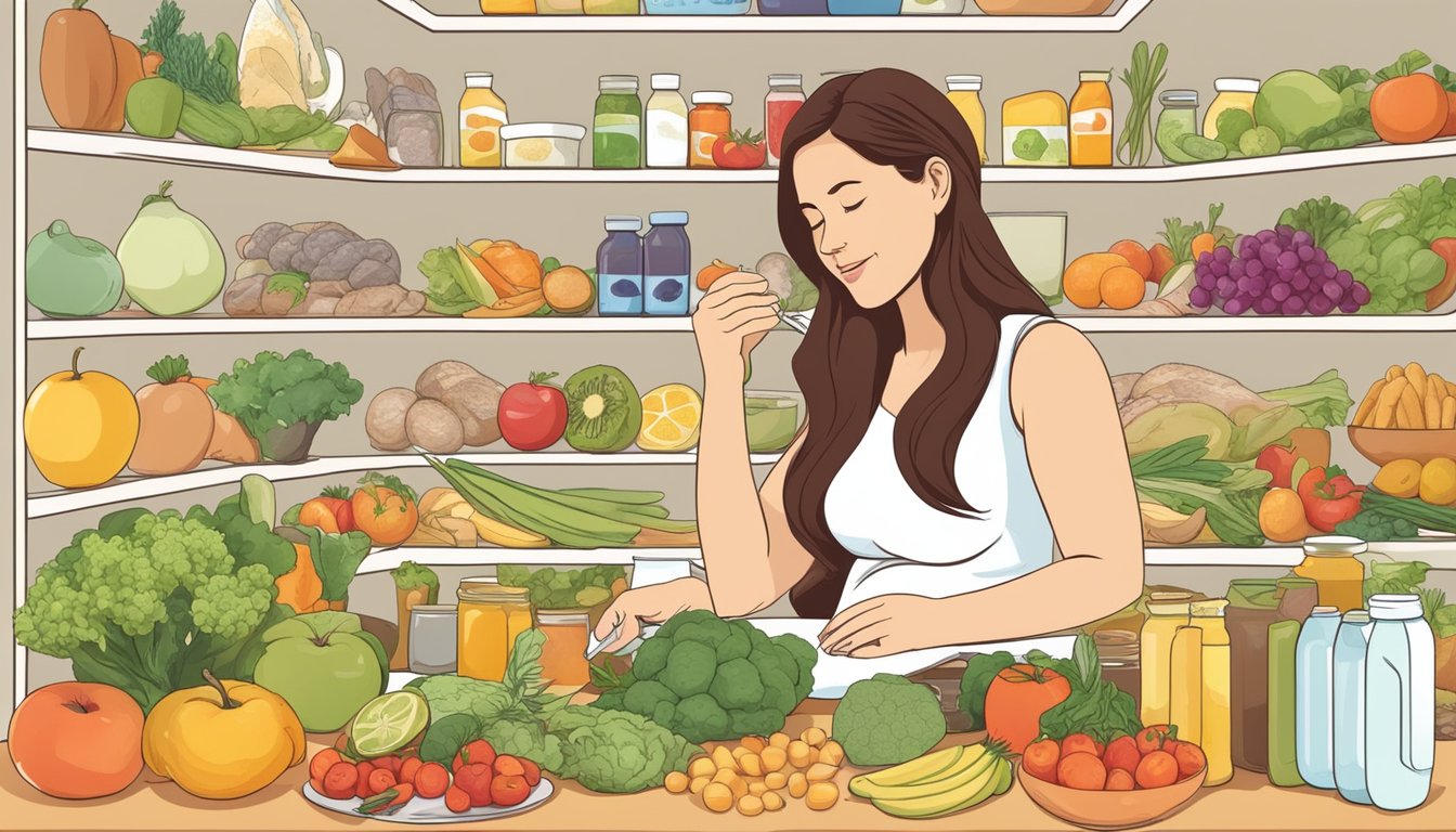 A pregnant woman researching low carb diets, surrounded by prenatal vitamins and healthy food options