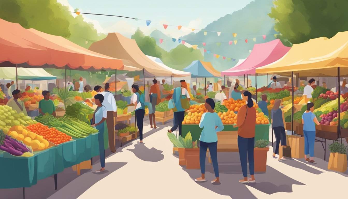 A bustling farmers market with colorful stalls selling fresh fruits, vegetables, and plant-based products. A diverse crowd of people browsing and enjoying the lively atmosphere