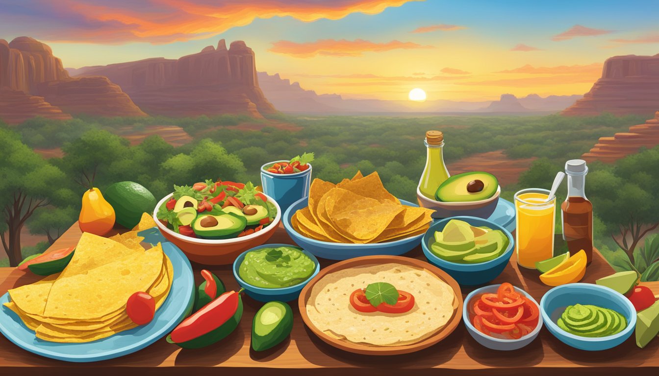 A colorful spread of Tex-Mex brunch ingredients, including avocados, jalapeños, tortillas, and sizzling fajitas, set against a backdrop of vibrant Texas scenery