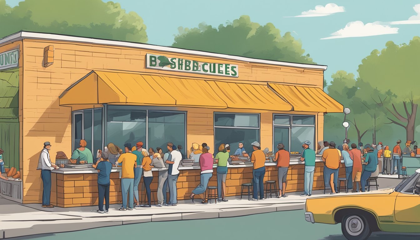 A bustling outdoor barbecue joint in Austin, Texas, with a line of hungry customers waiting for the 10 best sandwiches