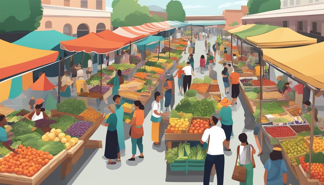 A bustling outdoor market with colorful stalls selling fresh fruits, vegetables, and plant-based products. Customers sample vegan tacos and browse organic produce