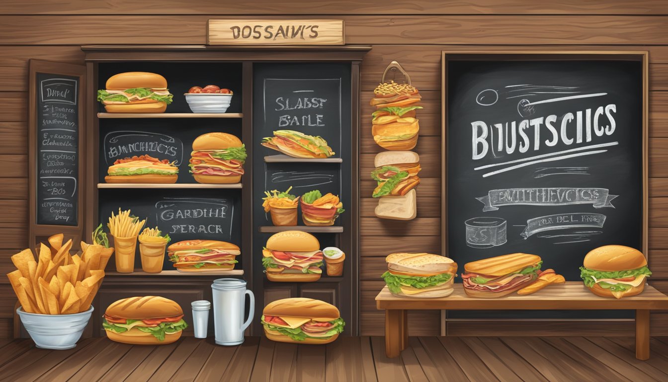 A colorful chalkboard sign outside a bustling deli, with a variety of mouthwatering sandwiches displayed on a rustic wooden table