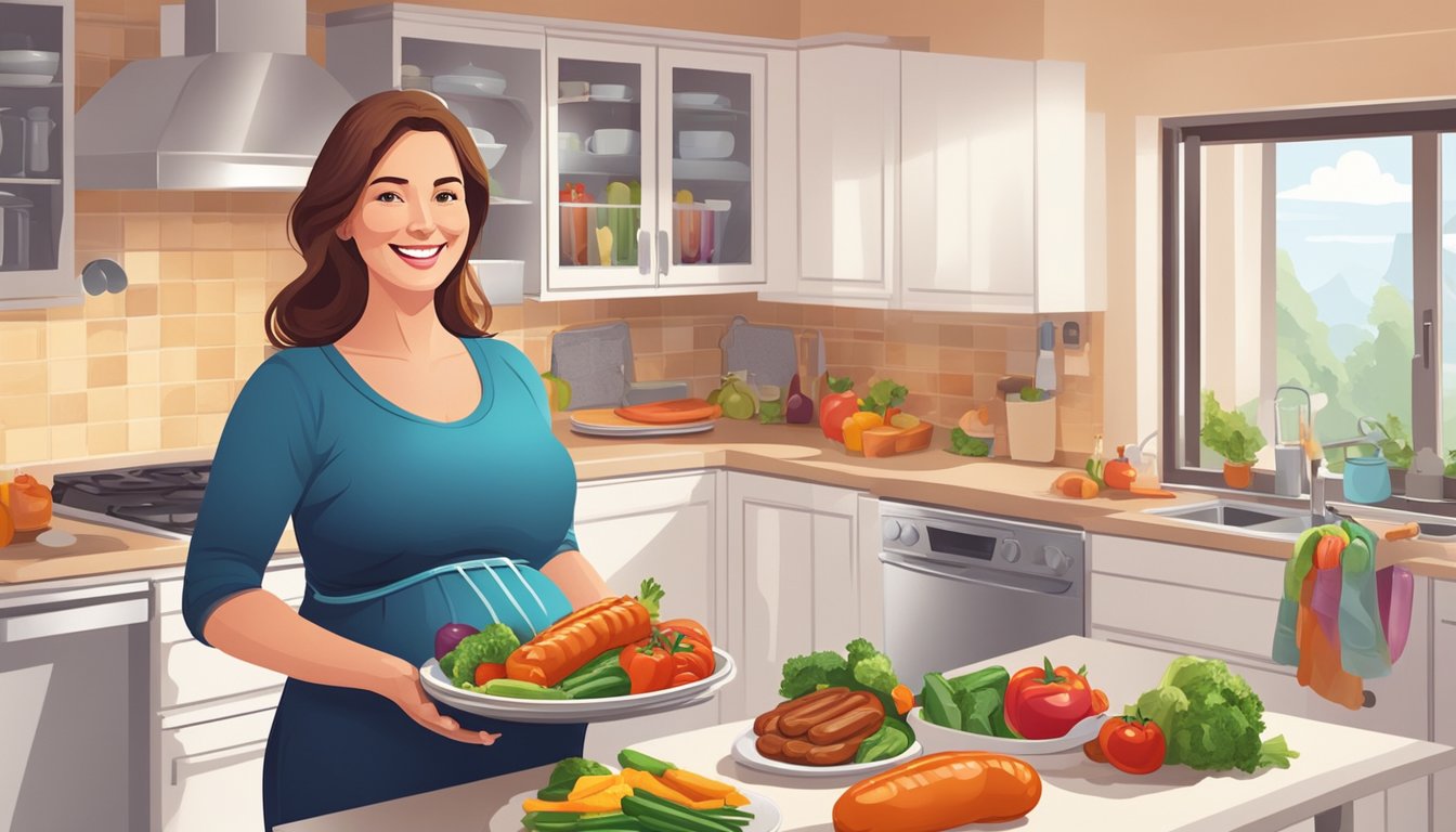 A smiling pregnant woman standing in a kitchen, holding a plate of grilled sausages with a variety of colorful vegetables on the side