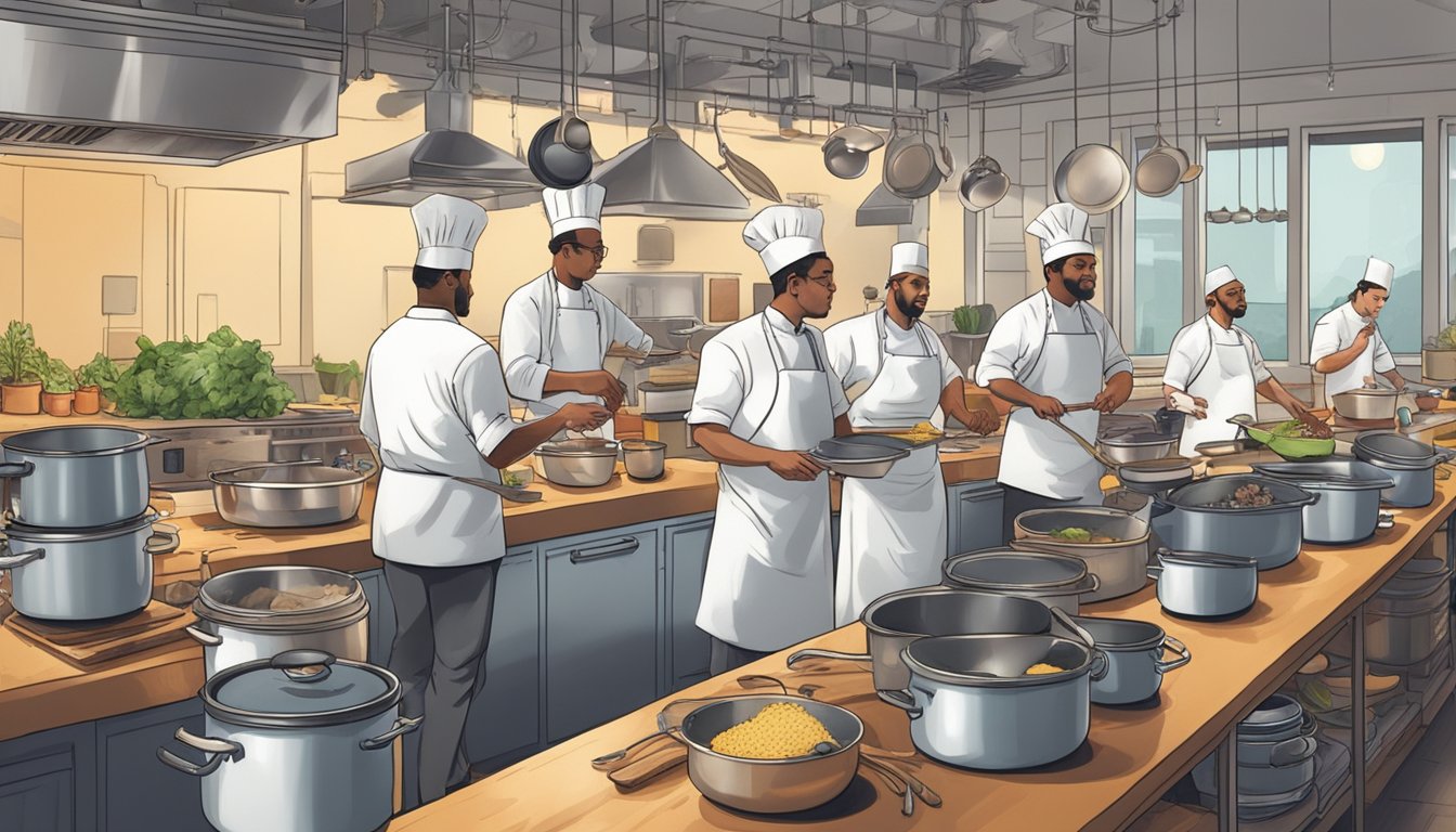 A group of chefs cooking together in a bustling Texas kitchen, each focused on their own task with pots, pans, and ingredients scattered around