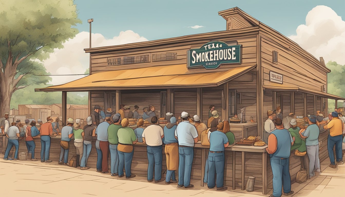 A bustling Texas smokehouse with a rustic exterior and a line of customers waiting to order their famous sandwiches