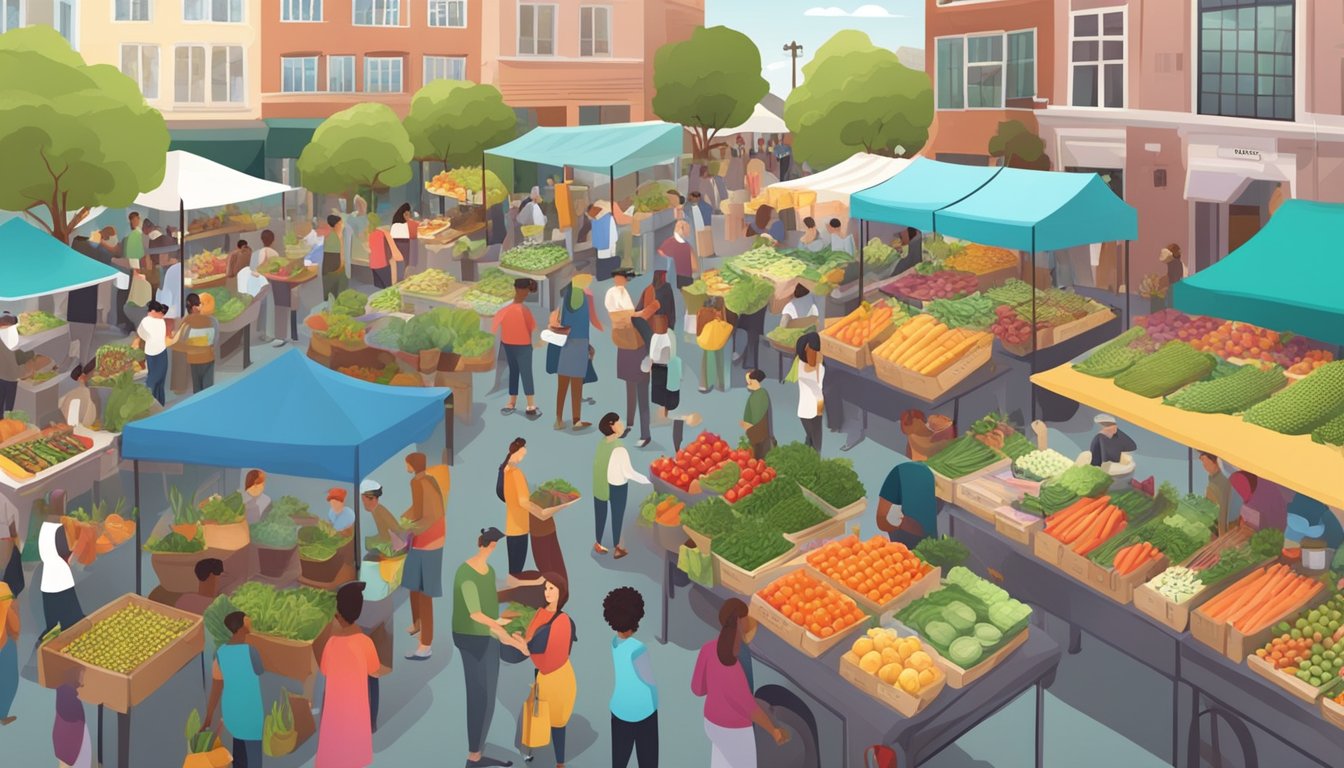 A bustling outdoor farmers' market with colorful stalls selling fresh produce and plant-based products. A diverse crowd of people sampling vegan and vegetarian dishes