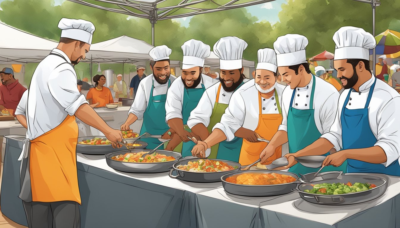 A group of eight Texas chefs cooking and presenting their dishes at a food festival