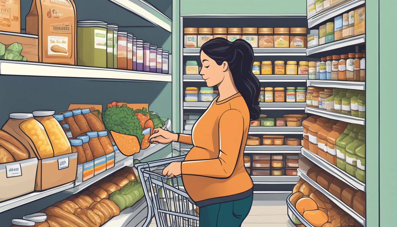 A pregnant woman browsing grocery aisles, carefully reading food labels and placing sausages in her shopping cart. Pantry shelves stocked with non-perishable foods and labeled storage containers