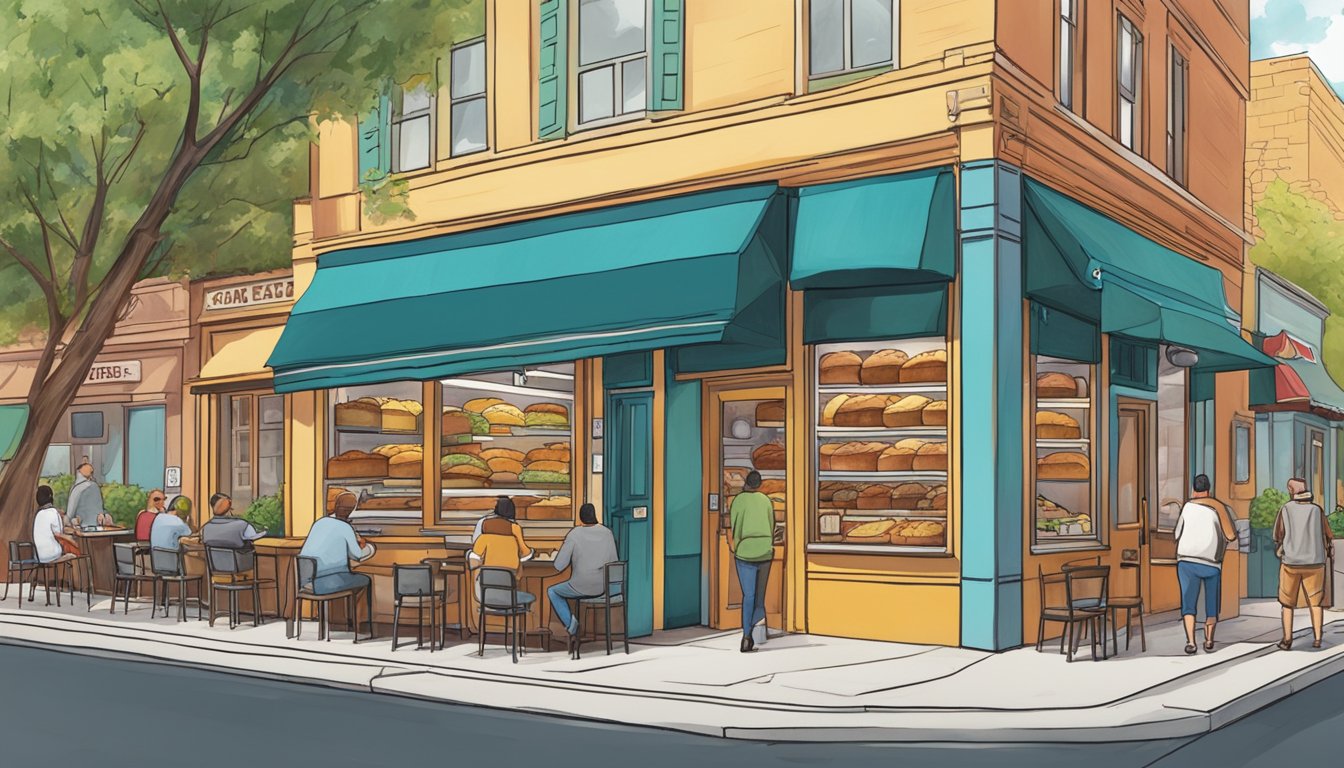 A bustling sandwich shop in Austin, Texas, with a colorful storefront and a line of customers out the door. The aroma of freshly baked bread and sizzling meats fills the air