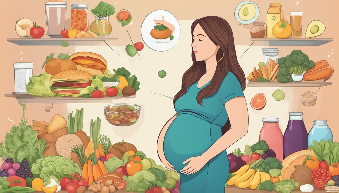 A pregnant woman surrounded by conflicting food choices, including healthy and unhealthy options, with a question mark hovering above her head