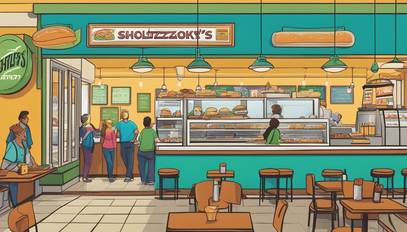 A bustling Schlotzsky's restaurant in Austin, Texas, with a line of customers ordering sandwiches at the counter. Vibrant decor and a welcoming atmosphere