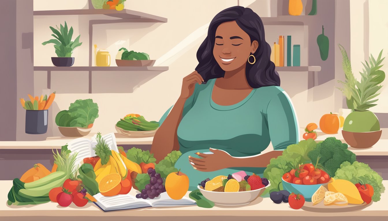 A pregnant woman sitting at a table with a variety of healthy foods, including fruits, vegetables, lean proteins, and whole grains, while reading a book about pregnancy nutrition