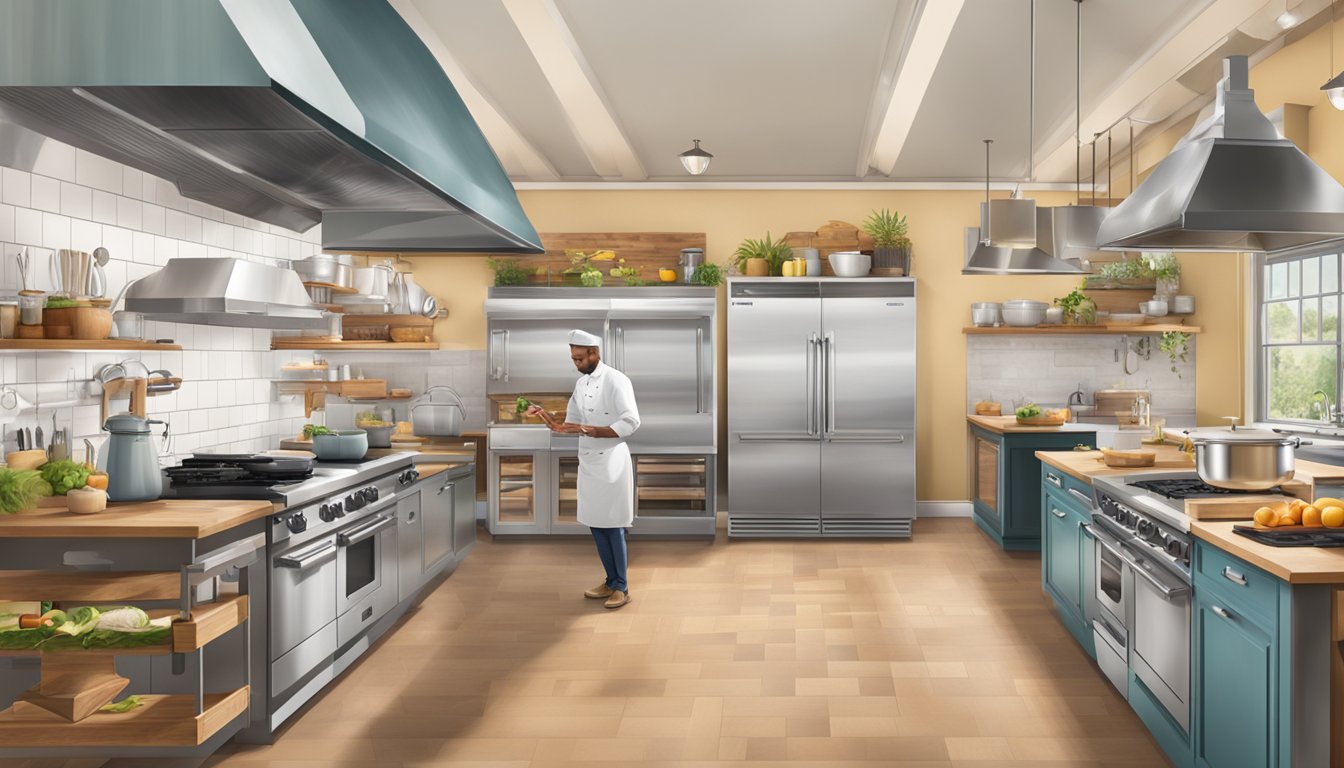 A kitchen with 8 Texas-themed cooking stations, each displaying a digital platform for following different chefs